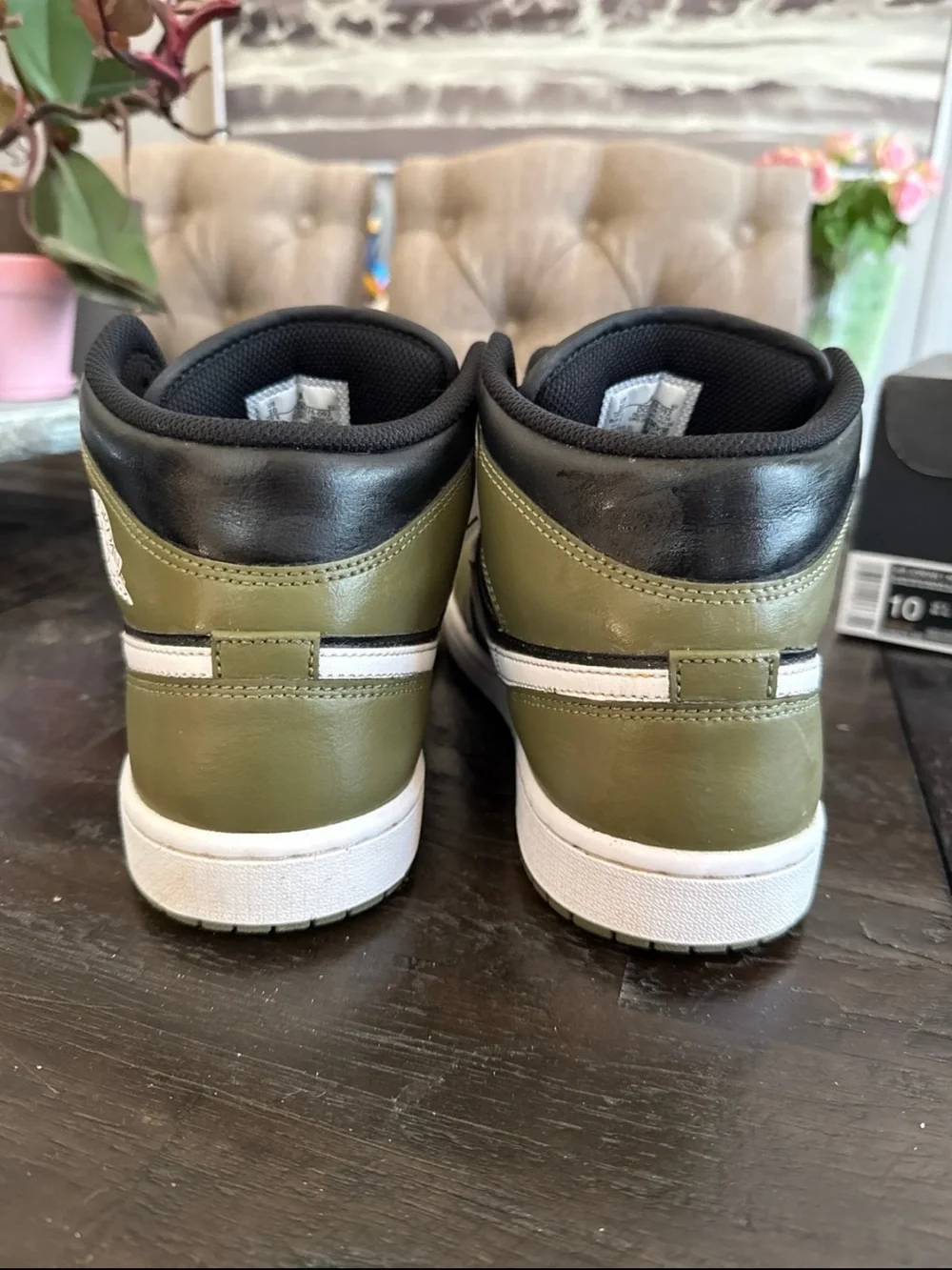 Jordan 1 Mid Black White Olive. Mens 10. pre-owned. Worn.